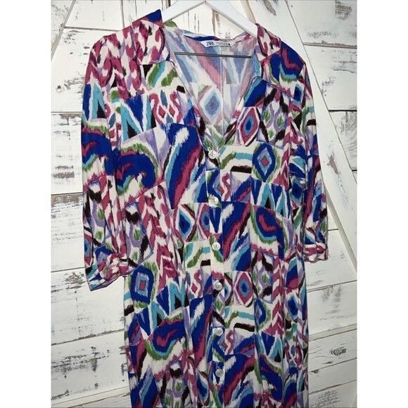 ZARA Printed Dress Summer Tribal Maxi Cover Up Kaftan colorful geo ikat M MEDIUM - Picture 4 of 14